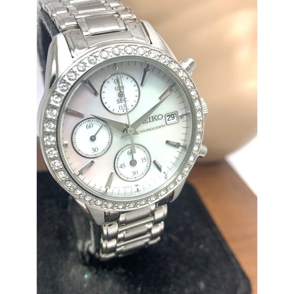 Seiko Women's Watch SNDY21 Quartz Mother of Pearl Dial Chronograph Silver Steel - Picture 13 of 14